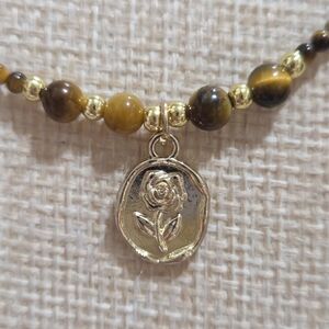 18k Gold Filled and Genuine Tigers Eye Beaded Necklace with Rose Pendant